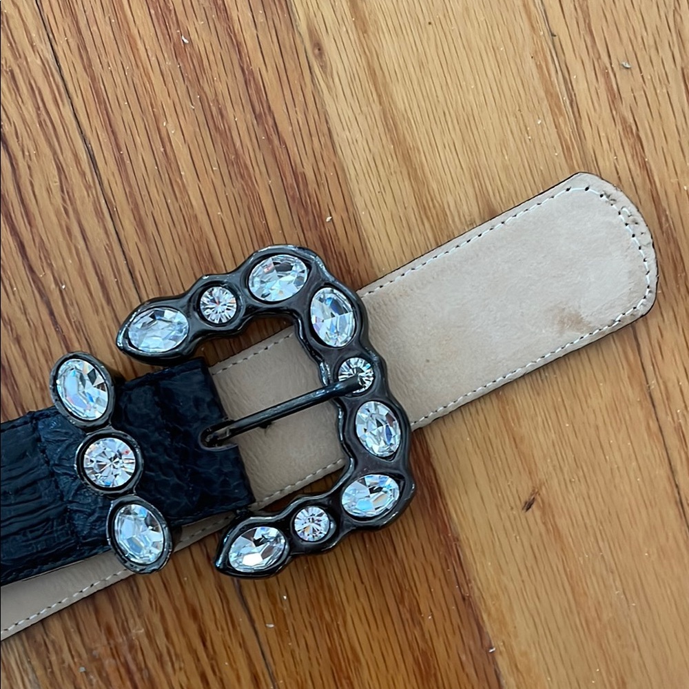 Elegant Black Leather Belt with Crystal Buckle